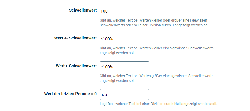 Zeigt die Felder, die in den Dokumenteinstellungen für Schwellenwerte in MS Excel konfiguriert werden können