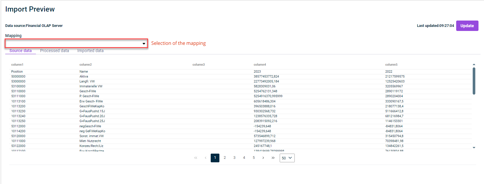 Displays the window with the preview of the data import. The drop-down list for selecting the mapping is highlighted in red.