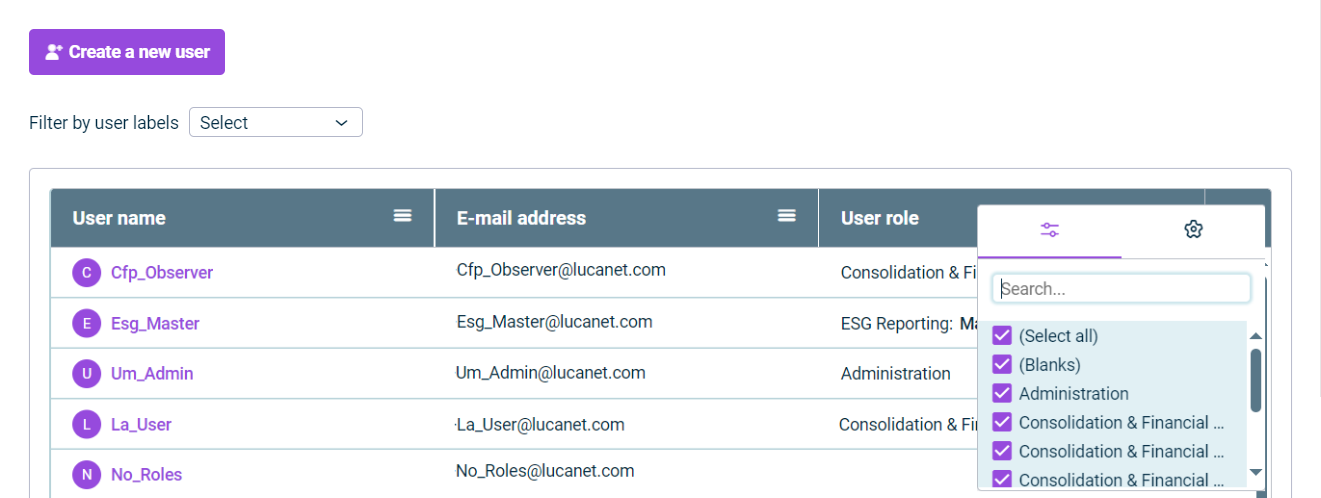 Displays the user table. In the ‘User role’ column, the window used to filter users is displayed. The window is highlighted in a red boarder.