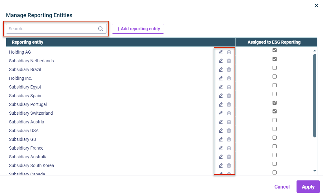 The 'Manage Reporting Entities' dialog is displayed. The options to search, edit, or delete reporting entities are highlighted in red.