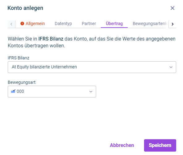 Der Reiter 'Übertrag' wird im Dialog 'Konto anlegen' angezeigt.