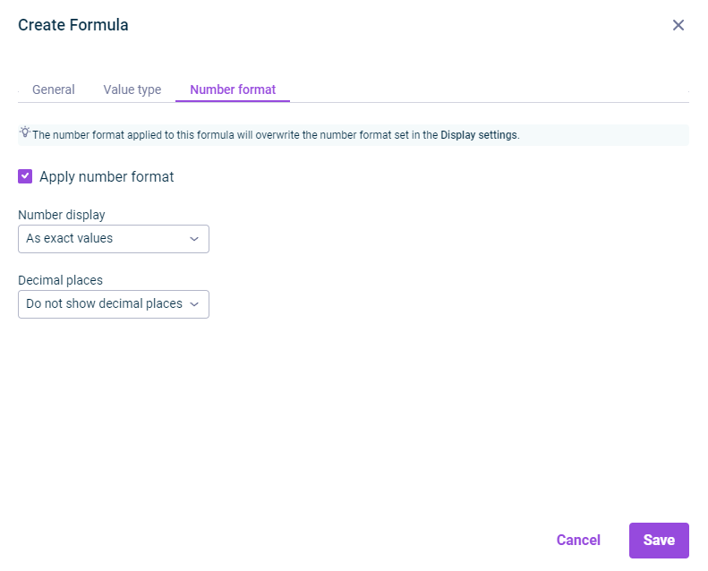 Dialog 'Create formular' - 'Number format' tab