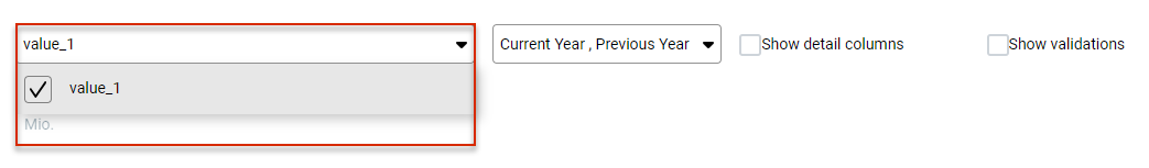 Part of the detail view of a value – The drop-down list for selecting a value is open and framed in red. The check box 'value_1' is activated.