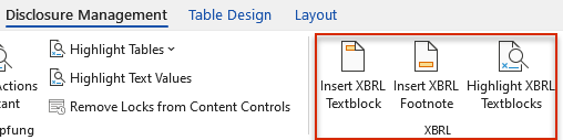 Part of the Word ribbon. The 'XBRL' group containing buttons for XBRL functions is highlighted in a red border.