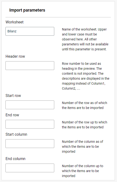 Mandatory parameters for importing from an Excel file