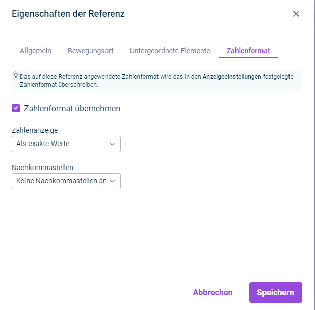 Der Reiter 'Zahlenformat' wird im Dialog 'Eigenschaften der Referenz' angezeigt.