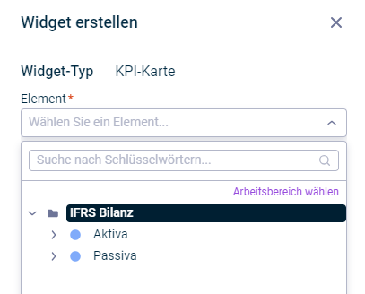 Der Dialog "Widget bearbeiten" wird angezeigt. Die Schaltfläche "Arbeitsbereich wählen" unter dem Suchfeld ist hervorgehoben.