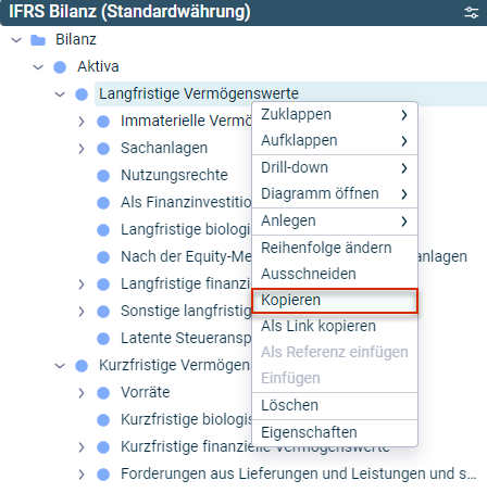 Ein Kontextmenü zu einer Position wird angezeigt. Der Menübefehl "Kopieren" ist hervorgehoben.