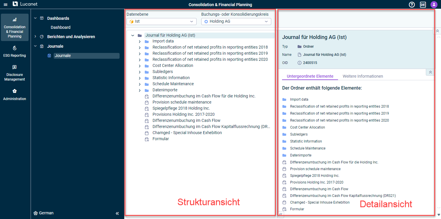 Der Arbeitsbereich 'Journale' wird mit der dazugehörigen Strukturansicht (links) und Detailansicht (rechts) angezeigt.