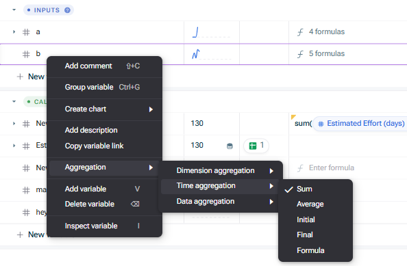 Shows the dropdown menu of a variable for using the aggregation function. The example shows Sum as Time Aggregation function.