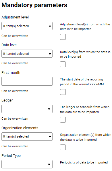 Displays the input fields for the mandatory parameters for the import from a Lucanet database.