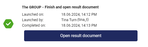 Successfully executed action. The 'Open result document' button is displayed in the notification.