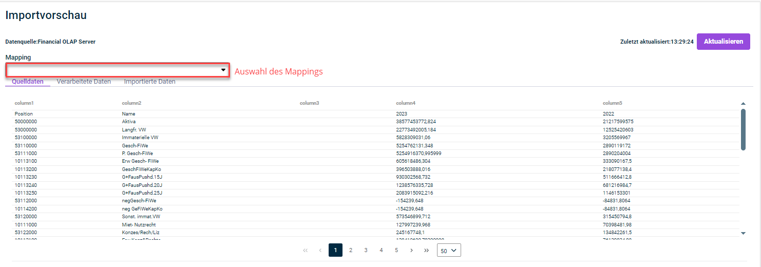 Zeigt das Fenster mit der Vorschau des Datenimports. Die Dropdown-Liste zur Auswahl des Mappings ist rot markiert.