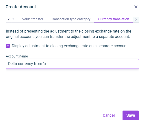 The 'Currency translation' tab in the 'Create Account' dialog is displayed.