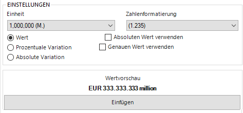 Der Screenshot zeigt einen Ausschnitt aus dem Dialog 'Fließtextzahl einfügen'. Im Ausschnitt werden aus dem Dialog 'Fließtextzahl einfügen' der Name und Wert der zur Verfügung stehenden Fließtextzahlen angezeigt. Außerdem werden drei Schalflächen zum Einfügen von Werten und Abweichungen angezeigt.