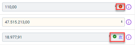 An excerpt from the data view with the icons for validated and referenced values is displayed, i. e. with a red exclamation mark, a green exclamation mark, and a #r.