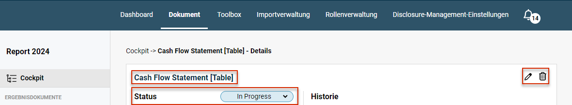 Ausschnitt aus der Detailansicht eines Kapitels. Das Drei-Punkte-Menü zu einer Word-Datei ist geöffnet und rot umrandet. Der Name des Kapitels und die Optionen zum Bearbeiten und Löschen des Kapitels sowie die Dropdpon-Liste zum Ändern des Status des Kapitels sind rot umrandet.