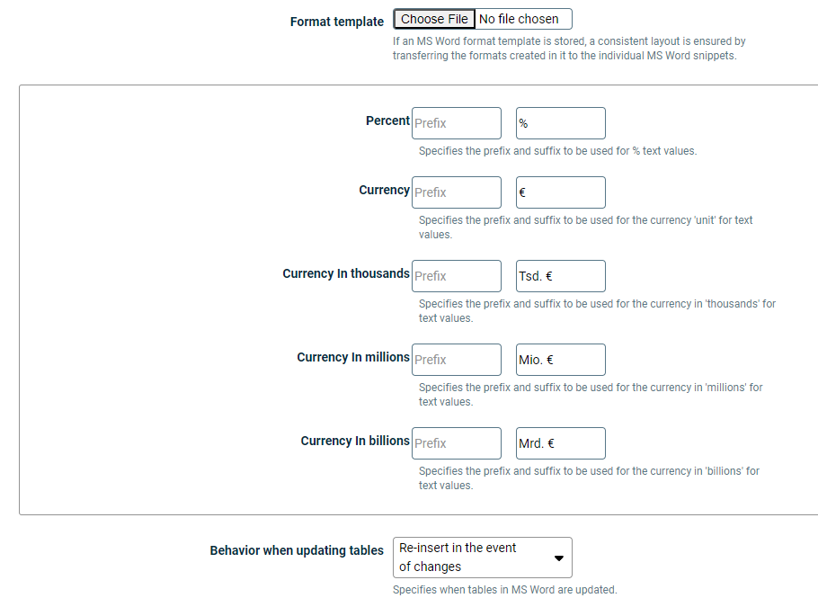 Displays the fields that can be configured for MS Word in the document settings