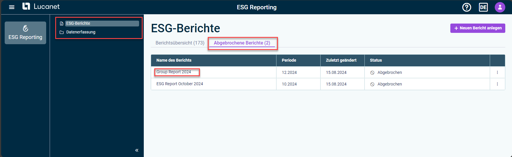 Der Bereich 'Abgebrochene Berichte' im Arbeitsbereich 'ESG-Berichte' wird angezeigt. Ein ESG-Bericht im Bereich 'Name des Berichts' ist rot hervorgehoben.