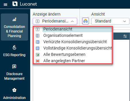 Die Dimensionsleiste mit der geöffneten Dropdown-Liste der Anzeigemodi wird angezeigt.