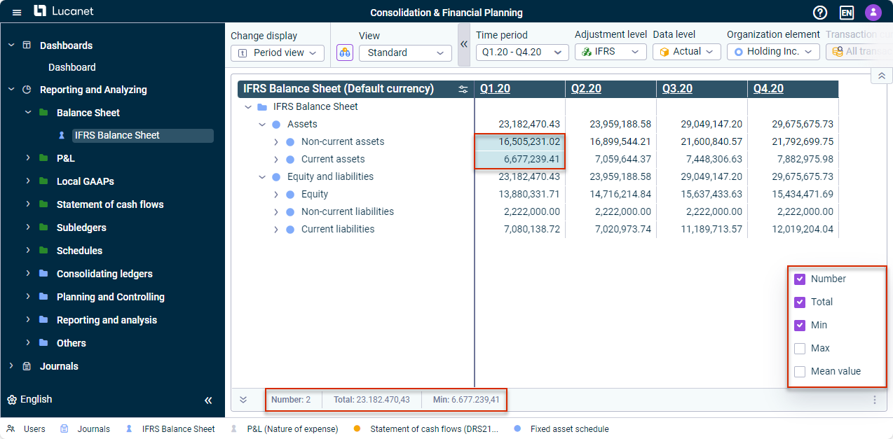 Displays an example of the totals display and other values in the balance sheet. Two values in the balance sheet are outlined in red. The number of selected values, their total, minimum, maximum and mean values are displayed in the lower section of the view.