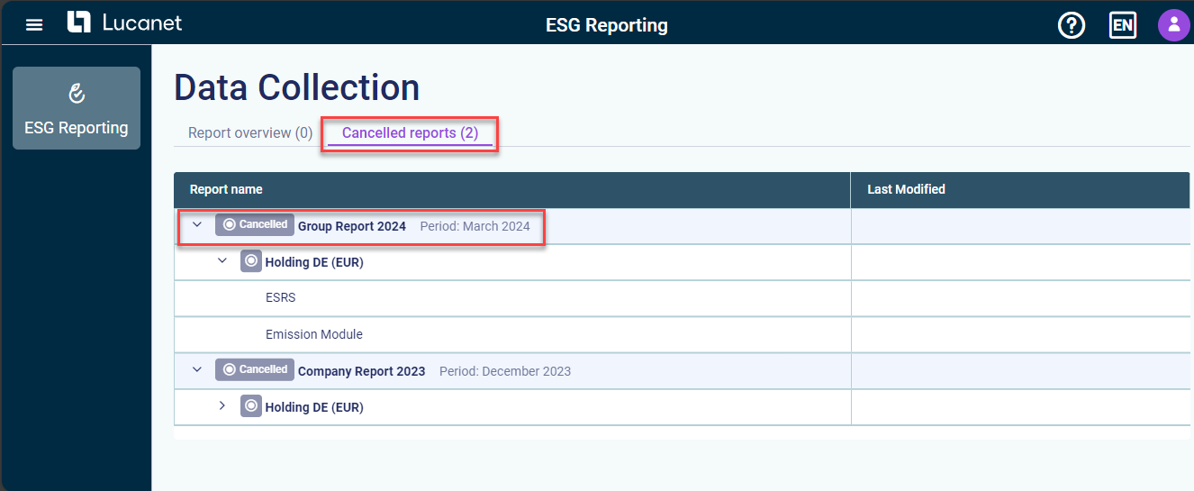 The ESG 'Canceled reports' workspace is displayed. An ESG report in the section 'Report name' is highlighted in red.