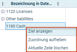 Excerpt from an assignment table. The 'Show target' context menu command is displayed on an account. The context menu command is outlined in red.