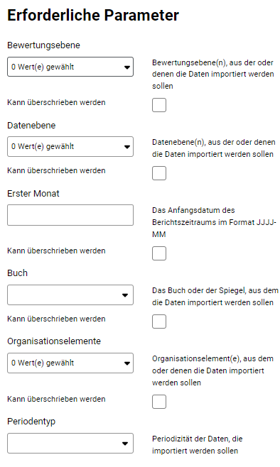 Zeigt die Eingabefelder für die erforderlichen Parameter, die für den Import aus einer Lucanet-Datenbank benötigt werden..