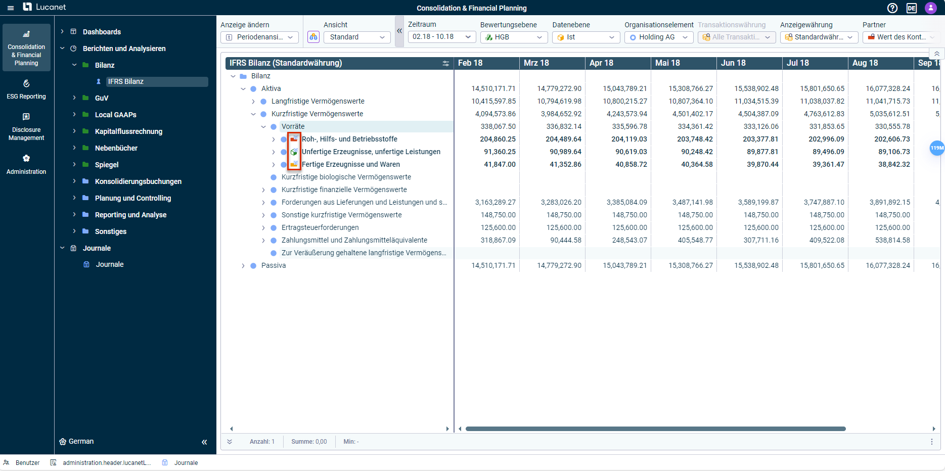 Die optimierte Benutzeroberfläche der LucaNet CFO Solution Platform inklusive neuer Icons wird angezeigt.