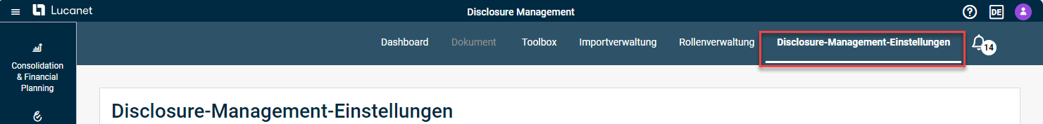 Der Screenshot zeigt die Menüleiste des  Disclosure Managements. Der Link zu den Dislosure-Management-Einstellungen in der Menüleiste ist hervorgehoben.