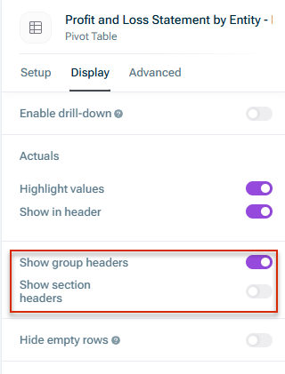 Shows the 'Display' tab of the details of a table. Highlighted is the section with the options 'Show group headers' and 'Show section headers'