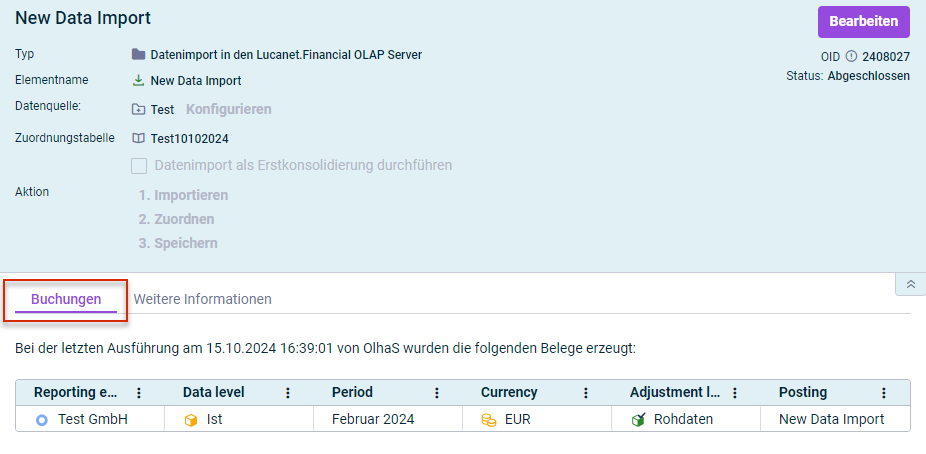 Detailansicht eines Datenimports mit dem Reiter 'Buchungen'. Der Titel des Reiters ist rot umrandet. Auf dem Reiter 'Buchungen' wird ein Beleg angezeigt. 