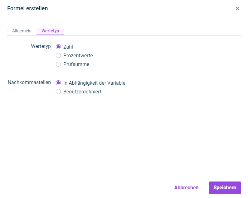 Es wird der Dialog 'Formel erstellen' mit dem Reiter 'Wertetyp' angezeigt.