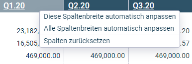 Im Spaltenkopf einer Kontenhierarchie wird das Kontextmenü mit den Optionen "Diese Spaltenbreite automatisch anpassen", "Alle Spaltenbreiten automatisch anpassen" und "Spalten zurücksetzen" angezeigt.