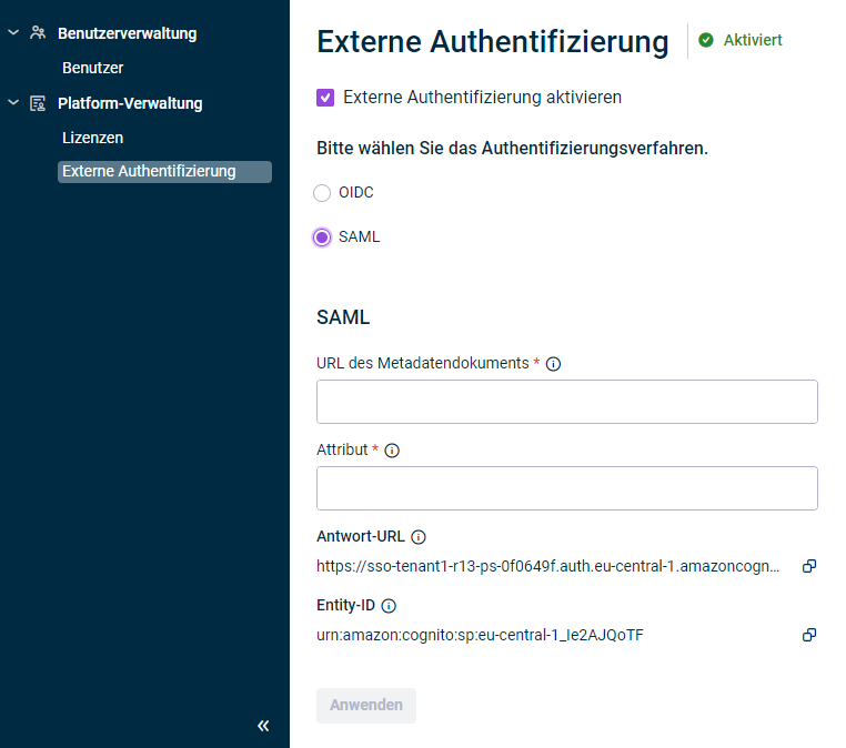 Externe Authentifizierung mit den Optionen zur Konfiguration von 'SAML'.
