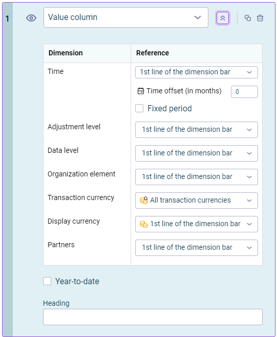 The column settings for the column type 'Value column' is displayed