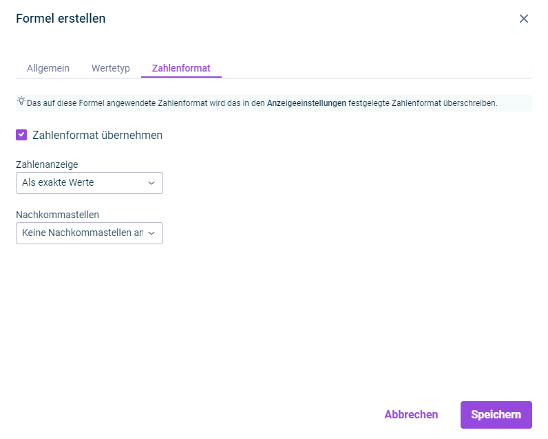 Es wird der Dialog 'Formel erstellen' mit dem 'Reiter Zahlenformat' angezeigt.