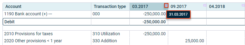 A view with four value columns is displayed. The comment icon is framed in one column. The associated tooltip, which displays the date, is outlined in red.