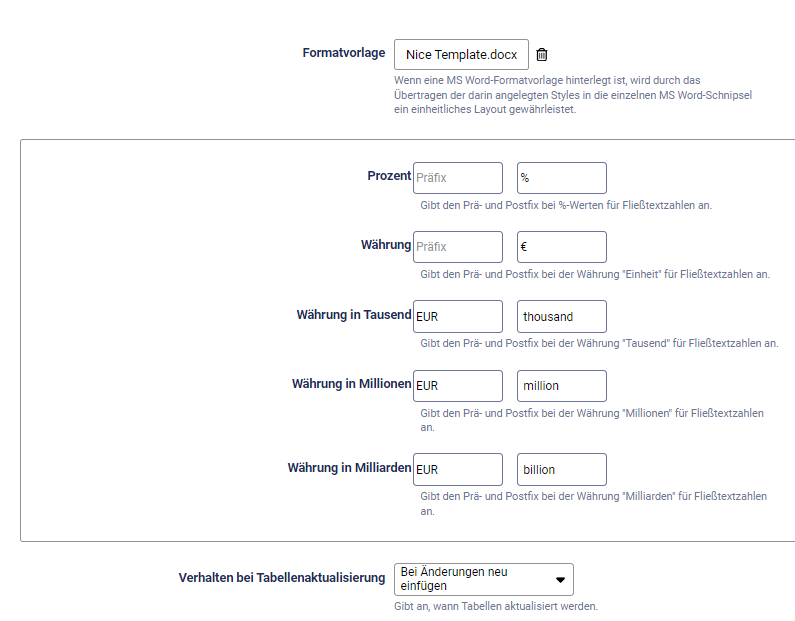 Zeigt die Felder, die in den Dokumenteinstellungen für MS Word konfiguriert werden können