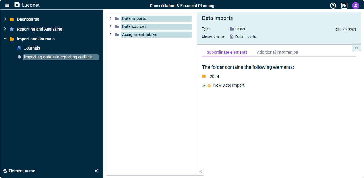 The 'Importing Data into Reporting Entities' workspace is displayed.