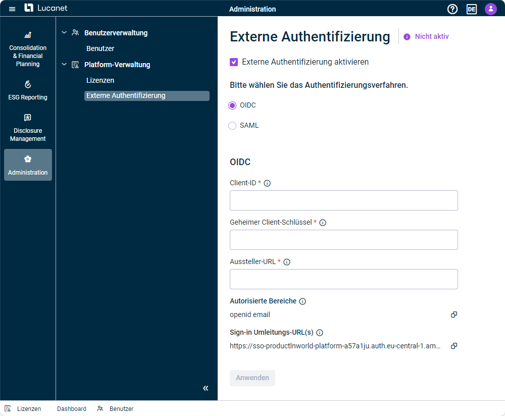 Der Arbeitsbereich 'Externe Authentifizierung' in der Platform-Verwaltung wird angezeigt. Die Option 'Externe Authentifizierung aktivieren' und die Authentifizierungsmethode 'OIDC' sind aktiviert.