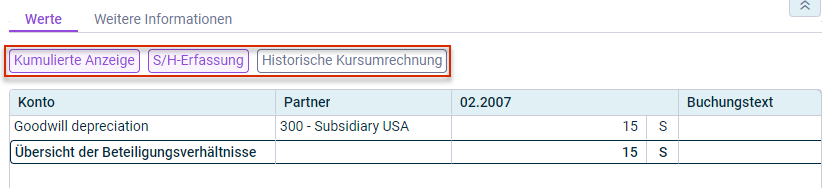 Die Detailansicht einer Buchung wird angezeigt. Die Schaltflächen 'Kumulierte Anzeige', 'S/H-Erfassung' und 'Historische Kursumrechnung' sind hervorgehoben.