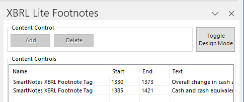 The 'XBRL Lite Footnotes' window in MS Word.