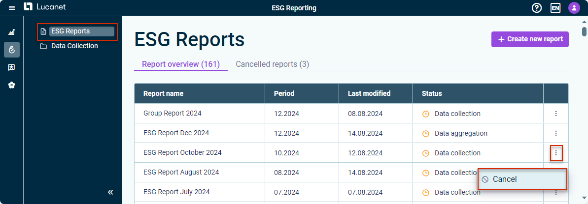 The 'ESG Reports' workspace is displayed. The 'Cancel' option for a specific ESG report is highlighted in red.