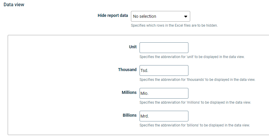 Displays the fields that can be configured for the data view in the document settings