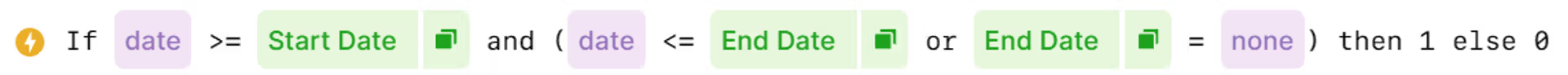 Shows the formula: if date >= start date and (date <= end date or end date = none) the 1 else 0 