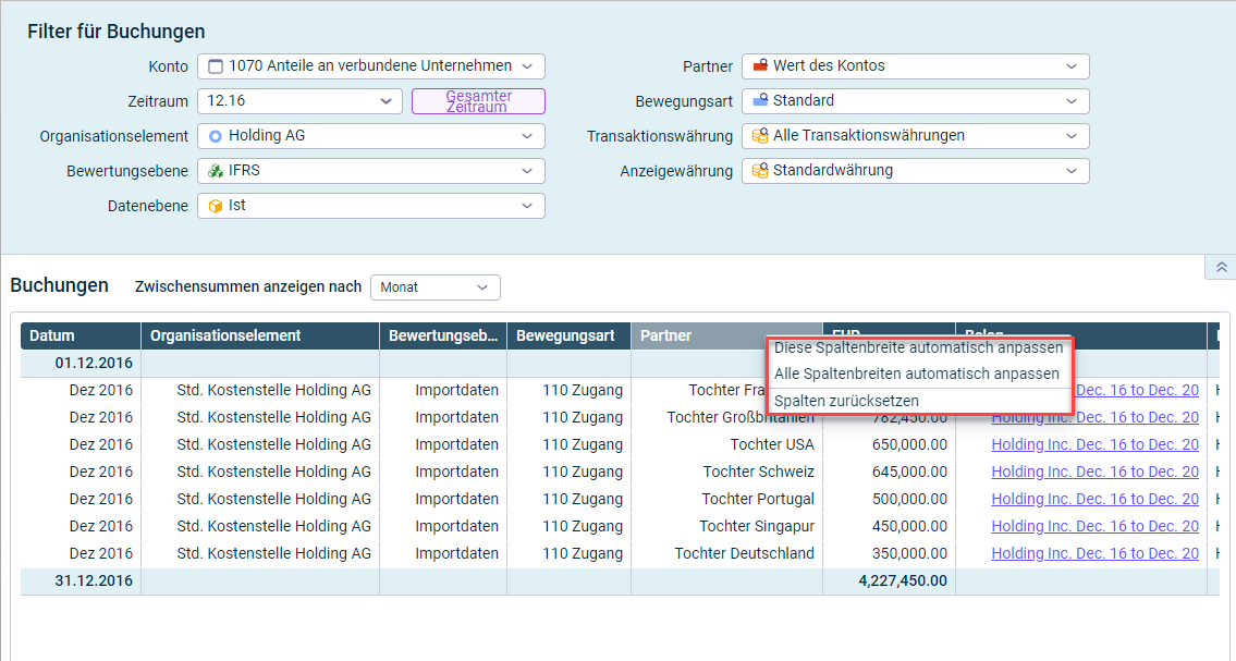 Im Dialog 'Belege anzeigen' wird die Option zur Anpassung der Spaltenbreite angezeigt. 