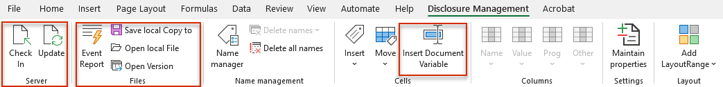 Displays the Excel ribbon for Disclosure Management. The 'Server' and 'Files' areas and the 'Insert Document Variable' button are highlighted.