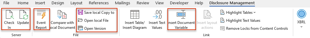 Displays the Word ribbon for Disclosure Management. The 'Server' and 'Files' areas and the 'Insert Document Variable' button are highlighted.