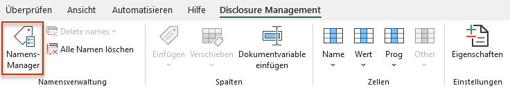 Der Screenshot zeigt einen Ausschnitt aus dem Excel-Ribbon. Der Maus-Cursor ist auf der Schaltfläche 'Namensmanager' platziert.